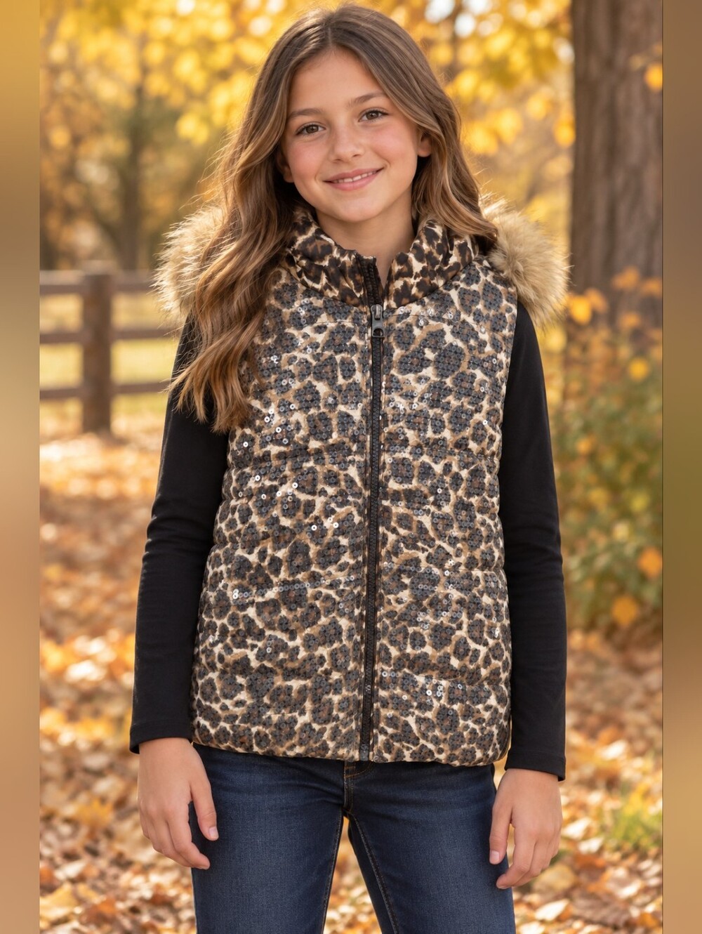 The Children’s Place Girls Vest L 10/12 Brown Leopard Sequin Y2K Glam